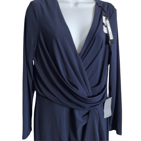 New Betsy & Adam Navy  "Elle" Long Sleeve Side Ruffled Slit Gown Size 14 - Picture 8 of 15